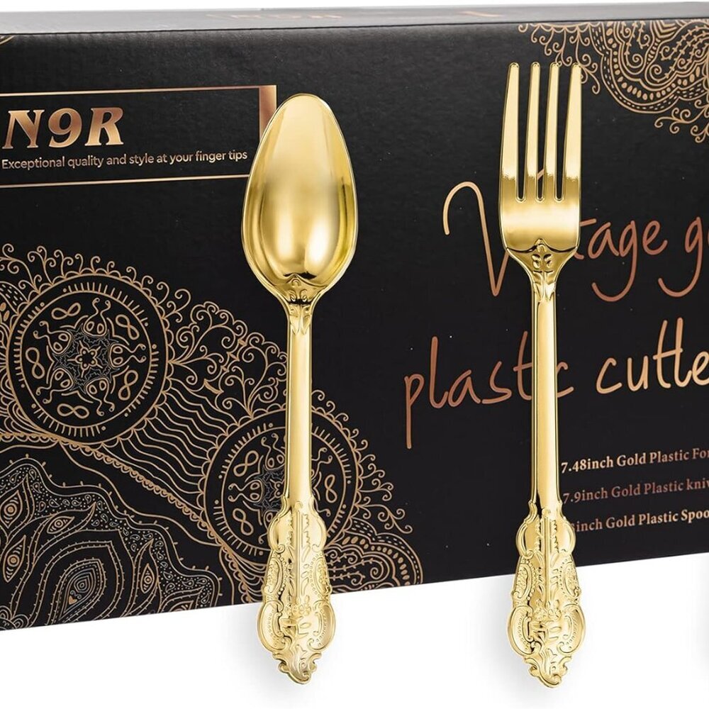 300pcs Gold Plastic Silverware Dinnerware Flatware- Heavyweight Plastic Cutlery